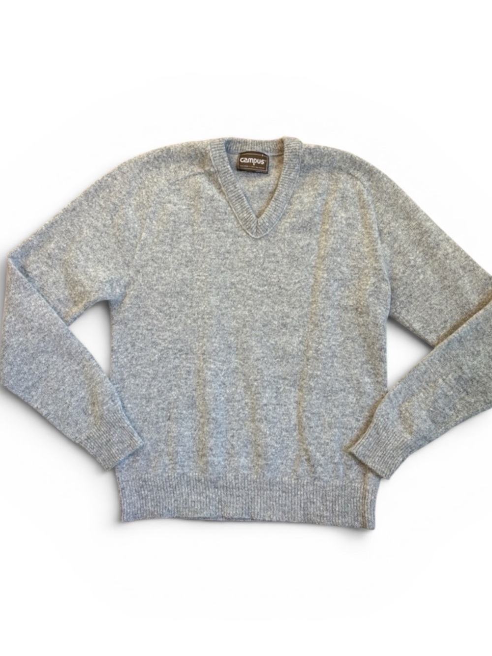Vintage Campus Wool Blend Sweater Men's S Light Gray V-Neck 70s Made in USA